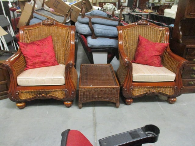Pair of High End Tommy Bahama Inspired Arm Chairs and Ottoman/Table (1 of 18)