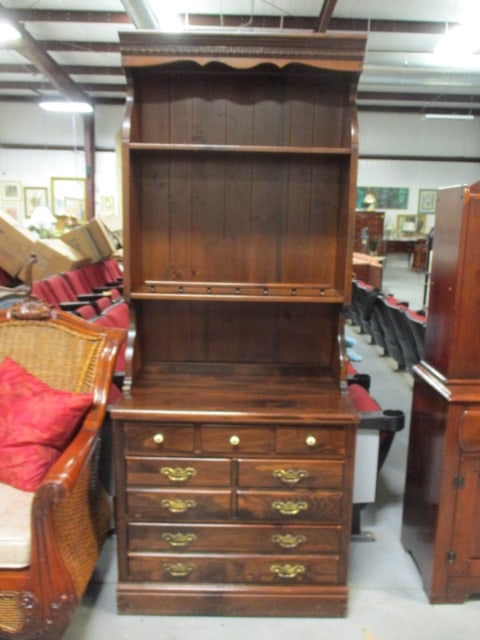 Ethan Allen Early American Style Dark Stained Pine 2 Piece Hutch: Base 32" x 18 1/2" x 30 1/4", Hutch 32" x 10 3/4" x 48", base has three dovetail drawers with porcelain pulls and antique brass finish swan neck handles, Hutch has plate groove shelves(does not have