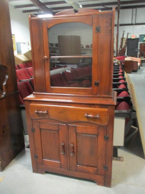 Virginia House Farmhouse Style Jelly Cupboard: 32" x 16" x 63", One piece cabinet, upper section has glass door with plate groove shelf, lower section has dovetail drawer and two doors with shelf, turned wood handles/knob, Local Pickup Only