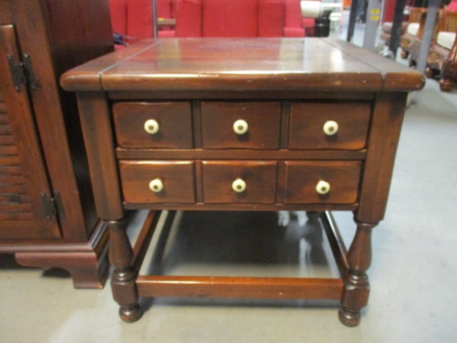 Ethan Allen Early American Style Dark Stained Pine End Table with Drawers (1 of 11)