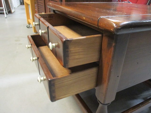 Ethan Allen Early American Style Dark Stained Pine End Table with Drawers - 5