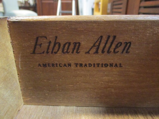 Ethan Allen Early American Style Dark Stained Pine End Table with Drawers - 6