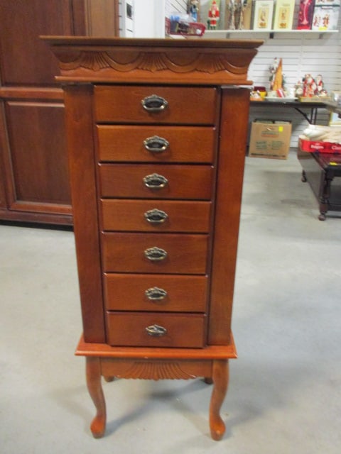 Carved Shell Design Wood Jewelry Armoire with Cabriole Legs: 16" x 10 1/2" x 40 1/4", seven lined drawers, swing-out side hanging storage and lift-up lid with mirror, Local Pickup Only