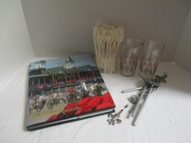 "The Kentucky Derby" Coffee Table Book, 2 "151st (2025)" Glasses, Drink Stirrers,: and "Louisville" Windchime, glasses - 5 1/2" each