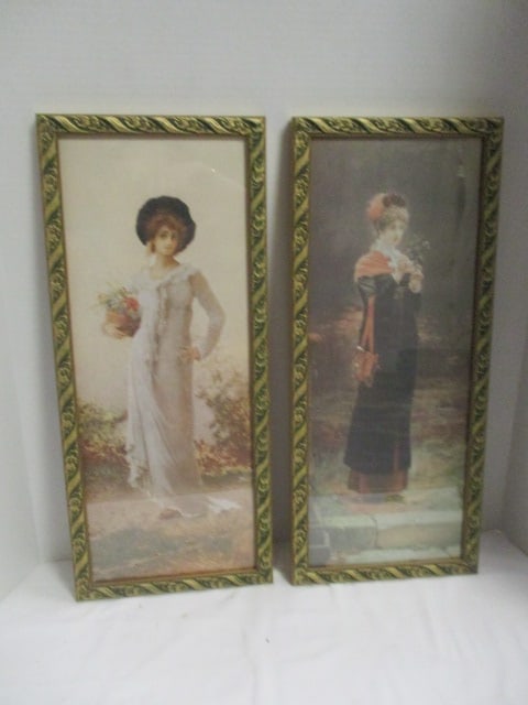 2 Vintage Marcus Stone Artwork Prints in Gilded Gold Frames: 9 1/4" x 21 1/4" each