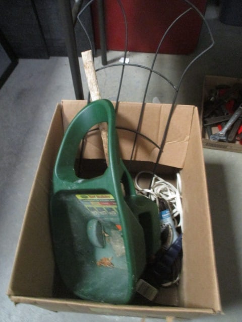 Garden and Yard Lot - Plant Hooks, Scott's Turf Builder Handheld Spreader,: Extension Cords, etc., see pictures and preview for selection and condition