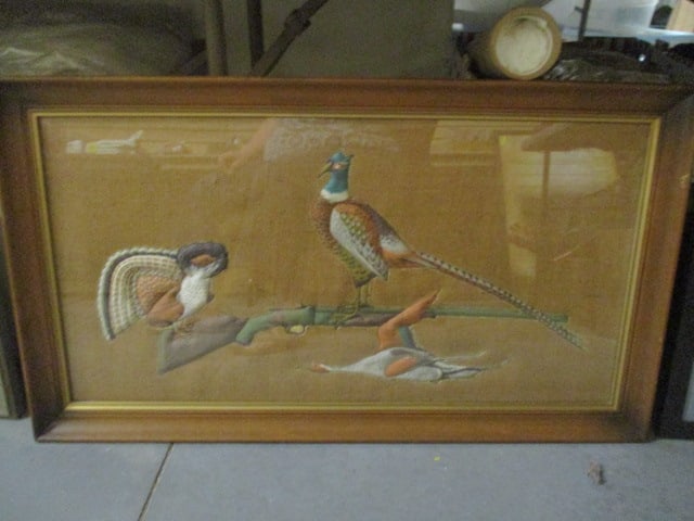 Vintage Framed 3-D Quilted Applique Game Birds on Burlap Artwork: 36 1/2" x 21", Local Pickup Suggested