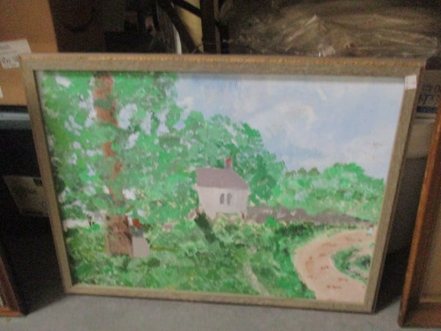 Framed Artist Signed Original Impressionist Style Cottage Landscape on Board: 25 1/2" x 20", signed in lower left corner-see pictures and preview for artist signature