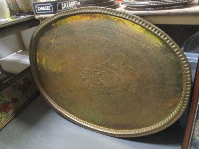 Large Oval Embossed Turkish Brass Wall Hanging Tray: 41 1/2" c 31", Local Pickup Only
