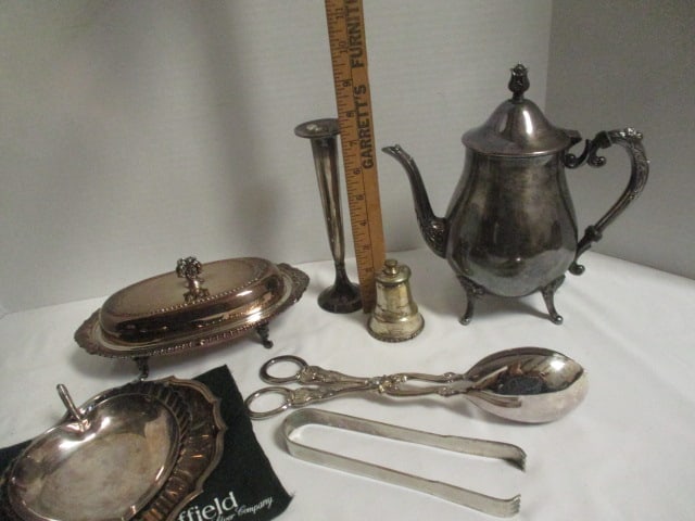 Vintage Silverplate Lot - Coffee Pot, Covered Butter Dish, Pepper Grinder, Tongs, - 11