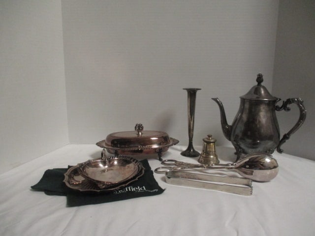 Vintage Silverplate Lot - Coffee Pot, Covered Butter Dish, Pepper Grinder, Tongs,: Tidbit Trays, etc., see pictures and preview for Selection and Condition