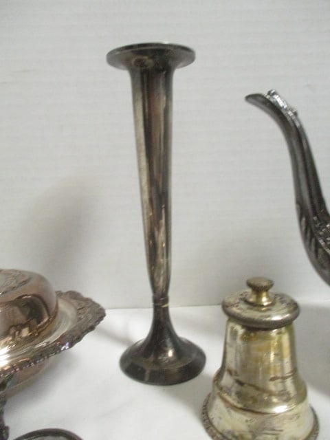 Vintage Silverplate Lot - Coffee Pot, Covered Butter Dish, Pepper Grinder, Tongs, - 6