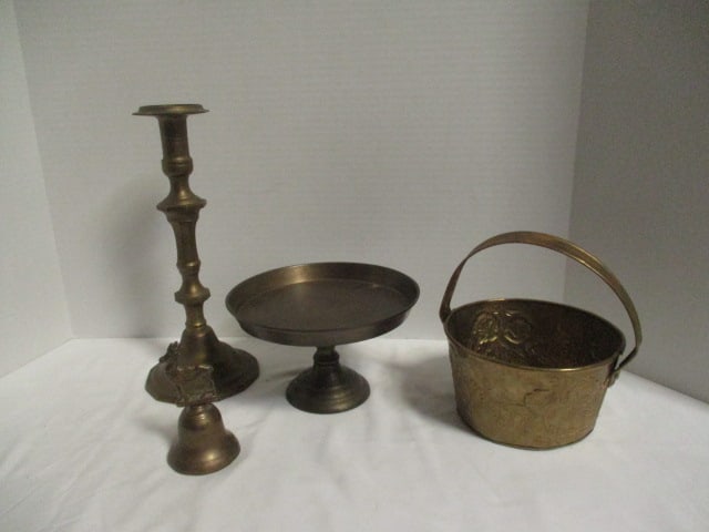 Vintage Brass Lot - Candleholder, Basket, Compote, and Bell: see pictures and preview for selection and condition