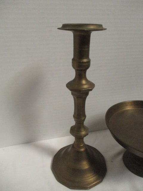 Vintage Brass Lot - Candleholder, Basket, Compote, and Bell - 4