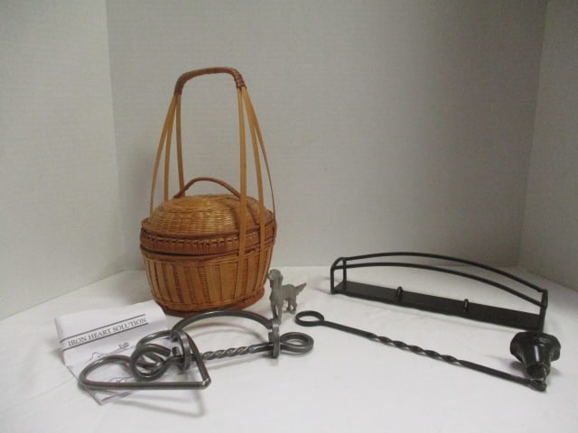 Pewter Sporting Dog Figurine, Wrought Iron , Heart Puzzle, Lidded Woven Basket, (1 of 5)