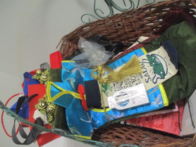 Woven Basket with Wine Glass Tags, Decorative Wine Bags and Tile Bottle Charm - 2
