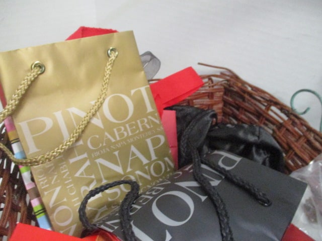 Woven Basket with Wine Glass Tags, Decorative Wine Bags and Tile Bottle Charm - 5