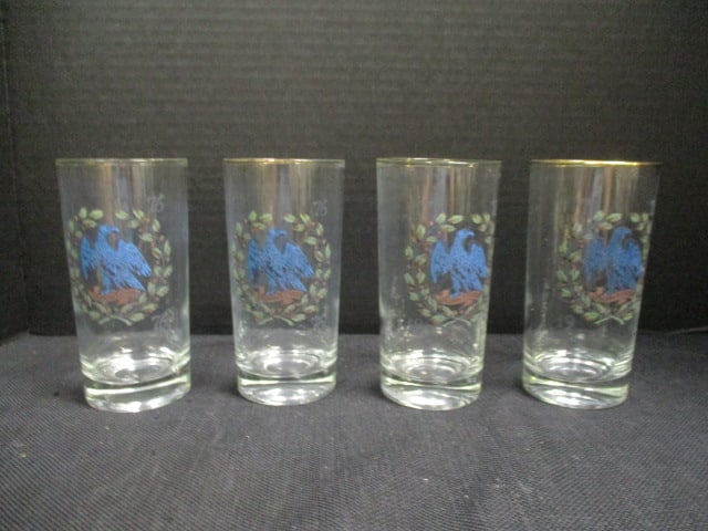 Four "E Pluribus Unum" Banner 1976 US Bicentennial Glasses with Patriotic Blue Eagle: 5 1/2"h, possibly unmarked Libbey Glasses, some use/age wear to gold rim band
