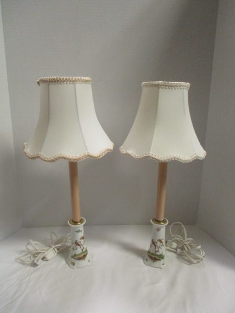 Pair of Vintage Czecho-Slovakia Handpainted Porcelain Vanity Candlestick Lamps: 19"h, Handpainted birds sitting on branches with flowers