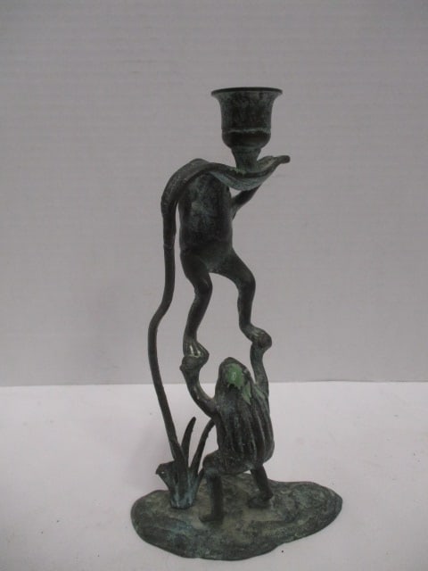 Verdigris Finish Cast Metal Whimsical Acrobatic Frogs Candle Stick: 9 3/4"h
