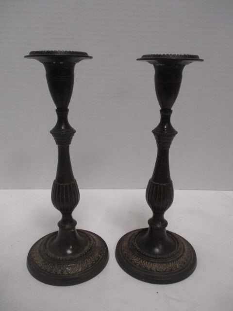 Pair of Embossed Bronzed Metal Candlesticks (1 of 6)