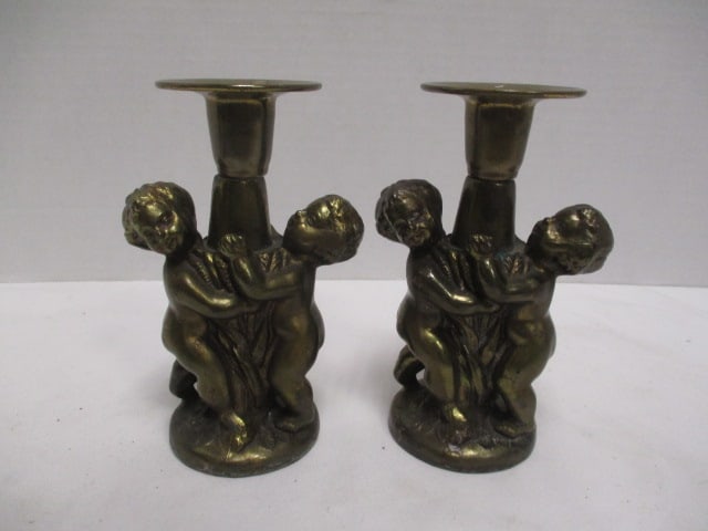 Pair of Brass Cherub Candle Sticks: 6"h
