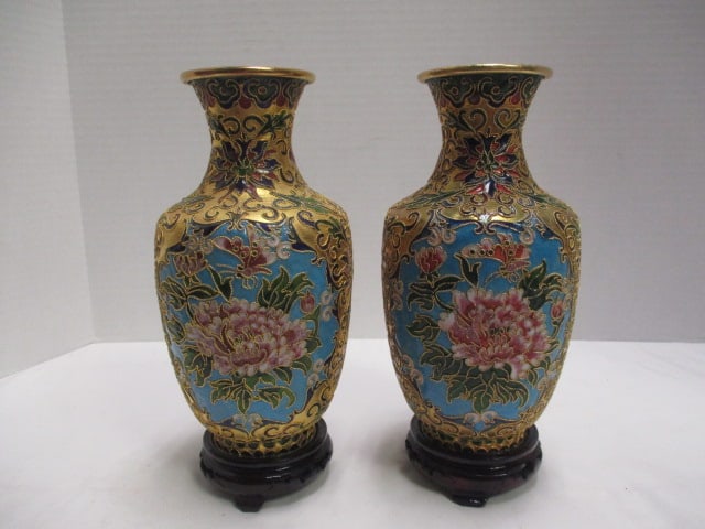 Pair of Brass Cloisonne Design Vases with Wood Stands: Vases 8"h, painted enamel cloisonne design