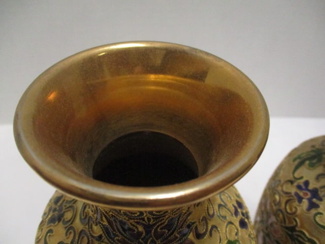 Pair of Brass Cloisonne Design Vases with Wood Stands - 2