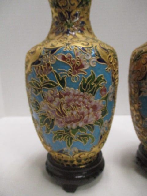 Pair of Brass Cloisonne Design Vases with Wood Stands - 3