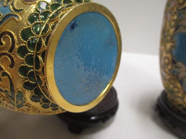 Pair of Brass Cloisonne Design Vases with Wood Stands - 4