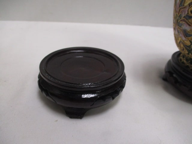 Pair of Brass Cloisonne Design Vases with Wood Stands - 5