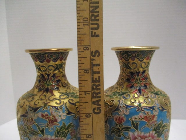 Pair of Brass Cloisonne Design Vases with Wood Stands - 7