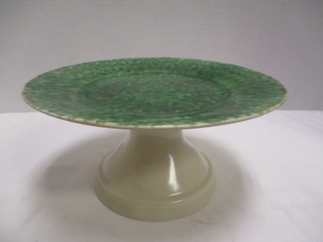 Abigails by Arenito Green Spongeware Design Stoneware Snack/Cake Pedestal: 8 3/4"dia x 4 1/4"h
