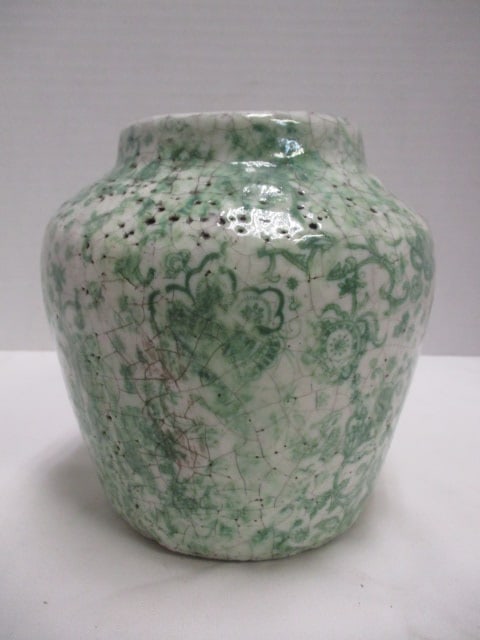 Crackle Glazed Red Clay Vase with Floral Transfer Underglaze Design: 5 3/4"h