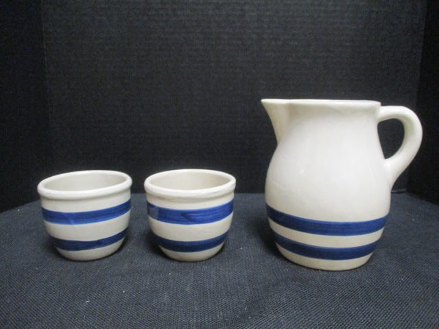 Robinson Ransbottom Pottery Co. of Roseville, Ohio Blue Stripe Stoneware Pitcher Cups: Pitcher 6 1/4"h-#303-, (2)Cups 3 1/8"h
