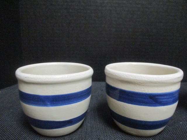 Robinson Ransbottom Pottery Co. of Roseville, Ohio Blue Stripe Stoneware Pitcher Cups - 6