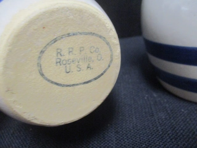 Robinson Ransbottom Pottery Co. of Roseville, Ohio Blue Stripe Stoneware Pitcher Cups - 8