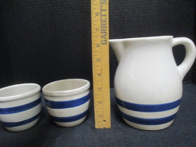 Robinson Ransbottom Pottery Co. of Roseville, Ohio Blue Stripe Stoneware Pitcher Cups - 9