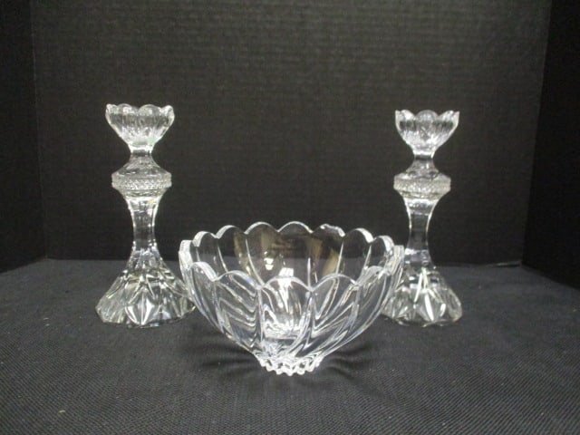 Pair of Crystal Candlesticks and Bonbon Bowl: Candlesticks 7"h(one chipped on bottom), bonbon 5 3/4"dia x 3 1/4"h
