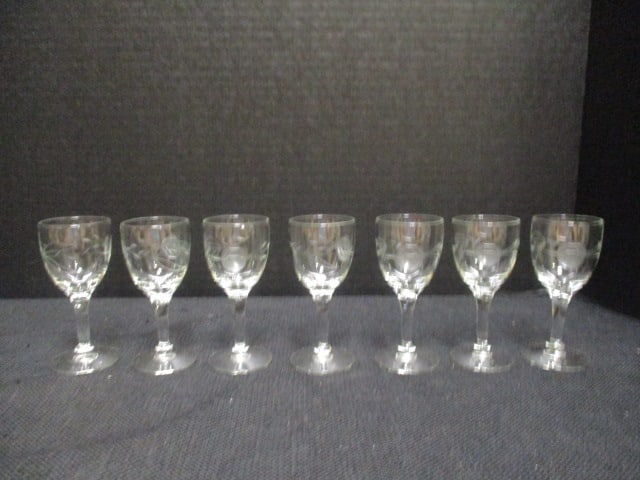 Seven Etched Flower Design Crystal Cordials: 3 3/4"h