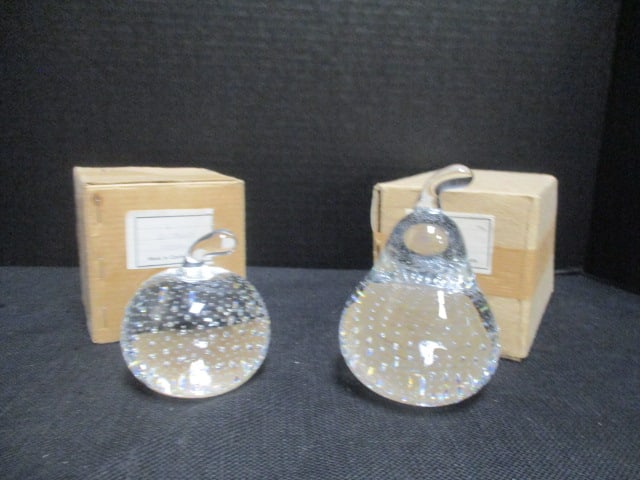 Two Vintage Czechoslovakia Crystal Pear and Apple Paperweights in Original Boxes: Controlled bubble design, Pear 4 3/4"h, Apple 3 1/4"h