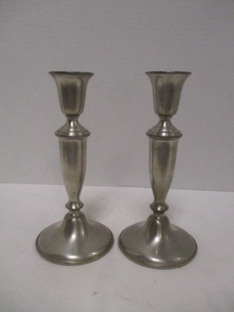 Pair of Empire Weighted Pewter Candle Sticks: 8"h, pattern #841