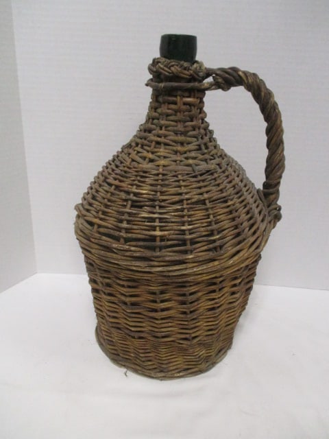 Vintage Green Glass Demijohn Jug: 15"h