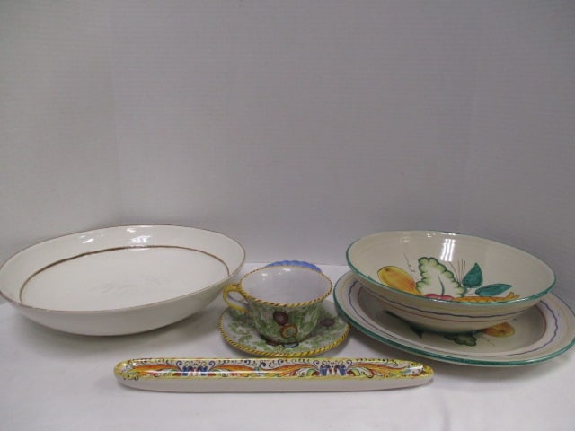 Italian Pottery Serving Bowls, Plates, Cup and Tray: brown rimmed bowl has repaired chip and some chips on rim