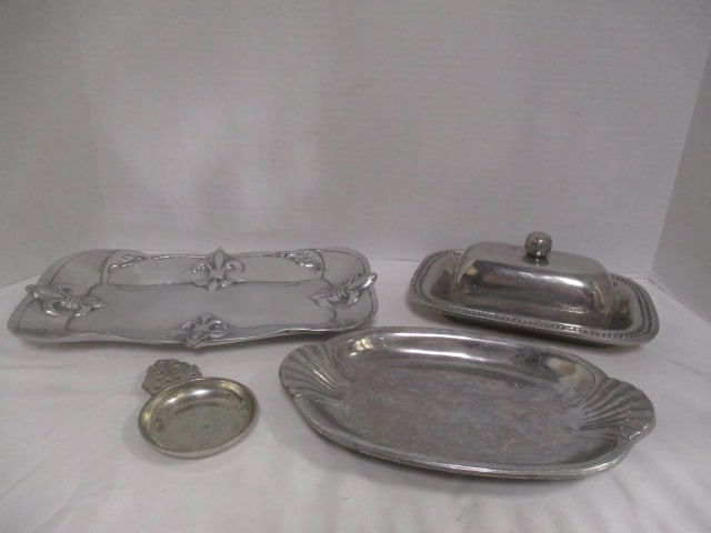 Pewter Ring/Coin Dish, Cast Aluminum Butter Dish, Wilton Pewter Tray and: Fleur-de-Lis Cast Aluminum Tray
