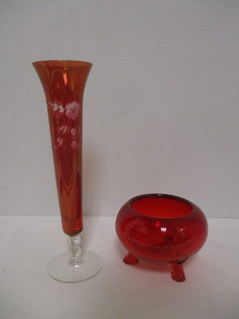 Cranberry Cut to Clear Footed Bud Vase and Red Footed Pressed Glass Bowl (1 of 8)