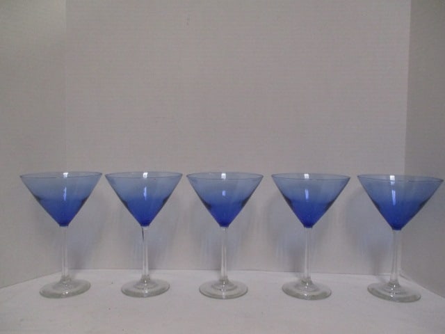 Five Blue Glass Martini Cocktail Glasses with Clear Stems: 7 1/4"h