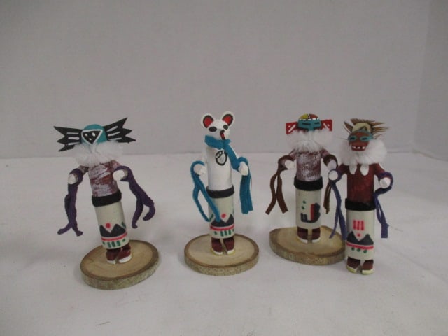Four Signed Hand Crafted Hopi-Style Kachina Dolls: 3 1/4"h, one is missing stand base, one has chipped base