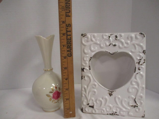 Lenox Porcelain Bud Vase, Pottery Photo Frame, Handpainted Hand Fan and Burlwood Box - 10