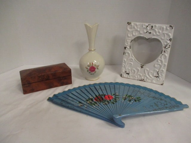 Lenox Porcelain Bud Vase, Pottery Photo Frame, Handpainted Hand Fan and Burlwood Box (1 of 10)
